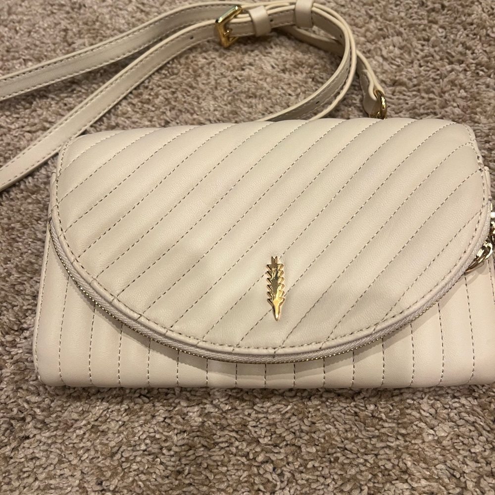 Cream Quilted Crossbody Bag with Gold Emblem